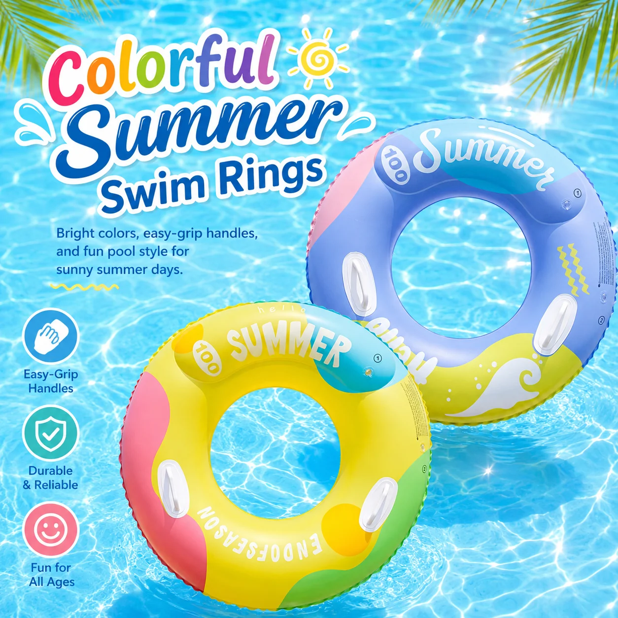 1pc Colorful Swim Ring with Handles Inflatable Pool Float Double Air Chamber Swimming Tube for Summer Pool Party