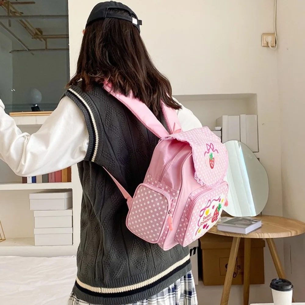 Sweet Cartoon Strawberry School Bag Embroidery Mochila Dots Girl Backpack Multi-Pocket Large Capacity Student Rucksack Travel