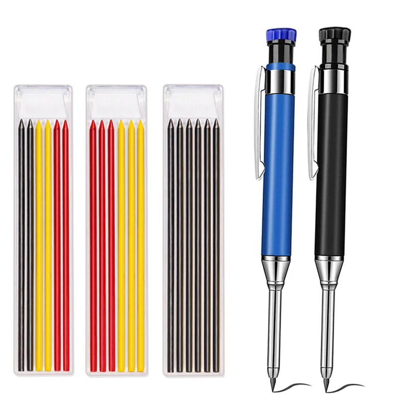 Juego de lápices mecánicos de carpintero sólido de Metal, sacapuntas incorporado con cables de repuesto, herramientas de marcado de dibujo de Agujero profundo