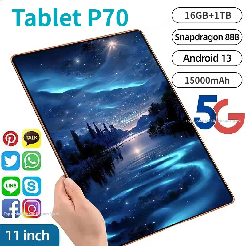 Tableta Android P70 versión Global, dispositivo de 2024 mAh, 16GB de Ram, 1TB de Rom, 11 pulgadas, 10 núcleos, Android 15000, Wifi, 13,0