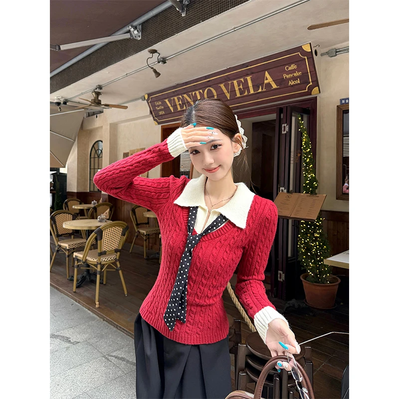 MEXZT Vintage Patchwork Sweater Women Streetwear Cropped Tie Black Knitted Pullovers Korean Red Knitwears Winter Slim Jumpers