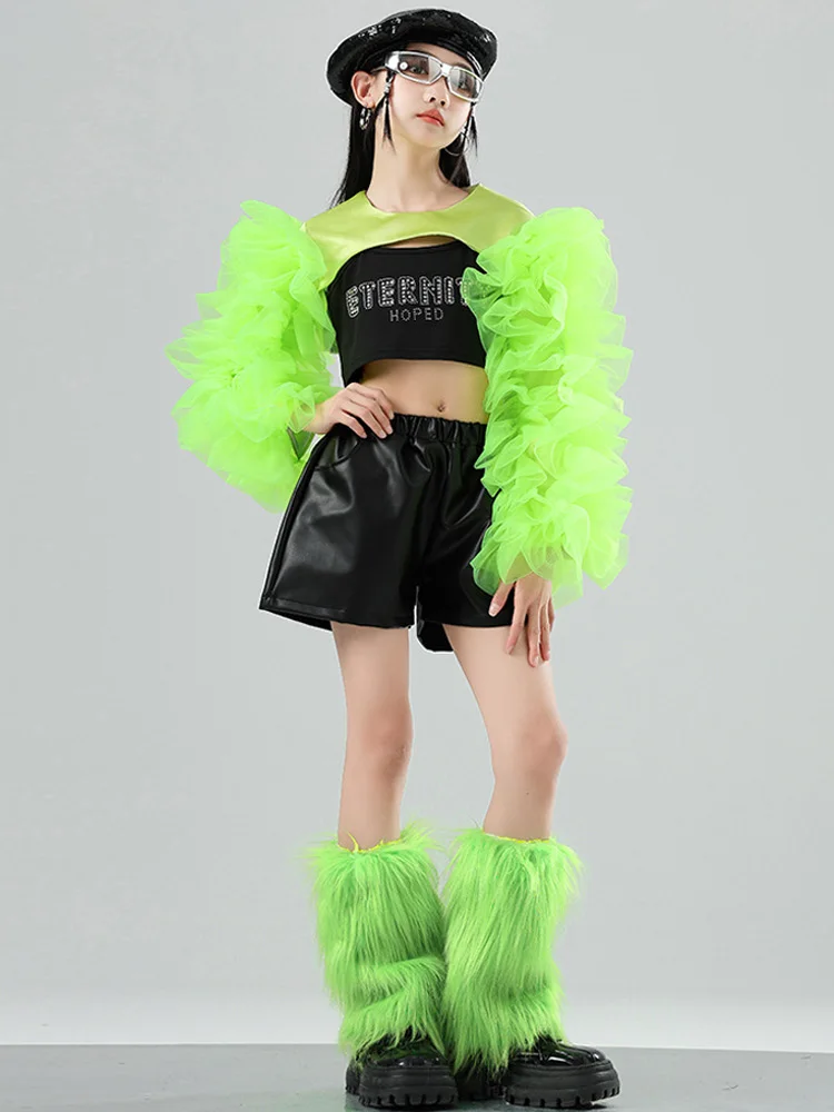 أطفال الهيب هوب ملابس الرقص الحفل مرحلة الأداء ارتداء الفتيات ملابس رقص الجاز الأخضر نفخة الأكمام الترتر القمم السراويل دعوى