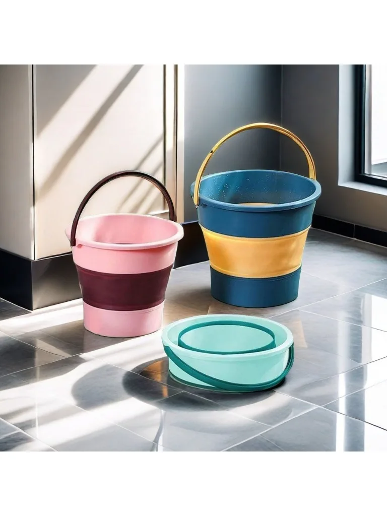 5/10L Folding Portable Bucket with Cover Car Wash Fishing Bathroom Tool Silicone Bucket Outdoor Camping Household Supplies