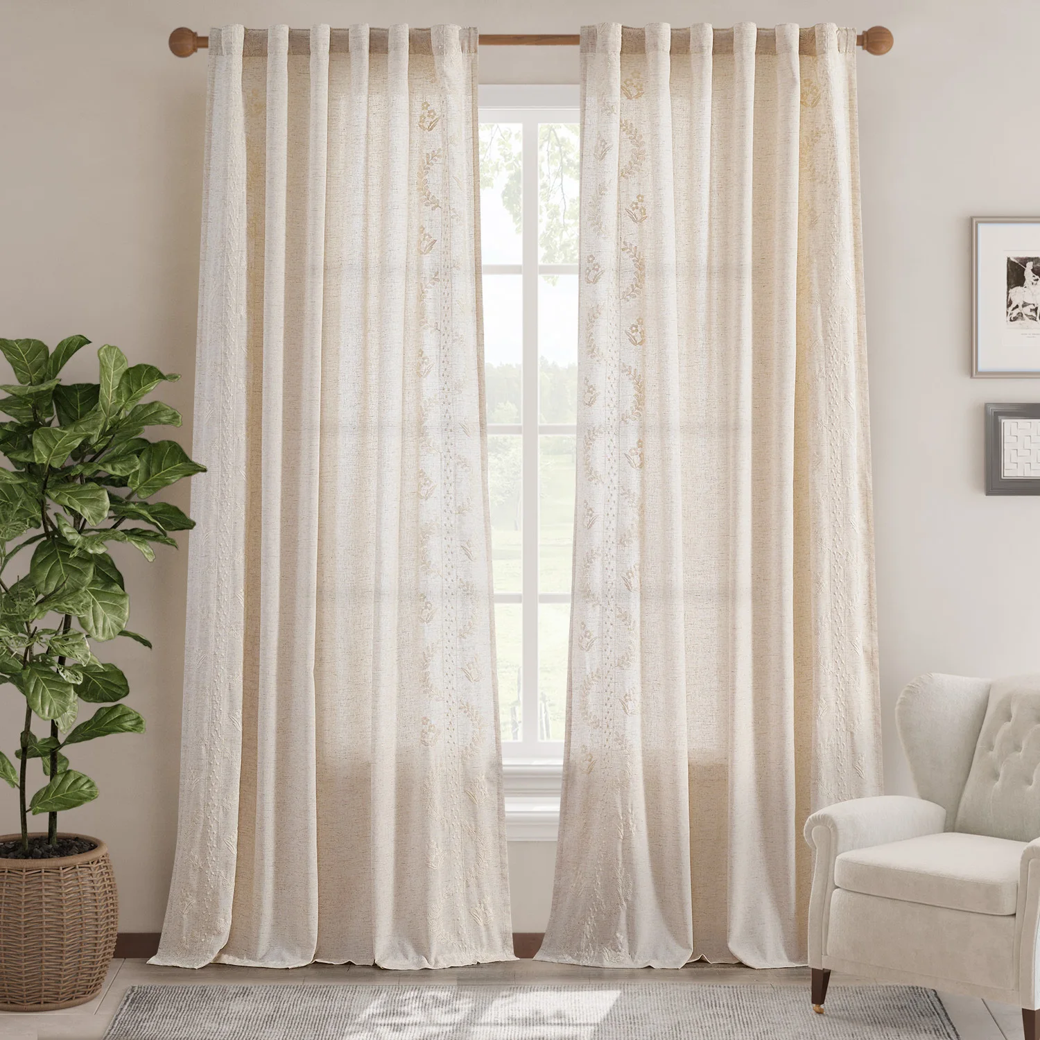 

JINCHAN 2PCS Farmhouse Flower Embroidered Curtains Living Room Bedroom Light Filtering Linen Blend Window Curtain Boho Drapes