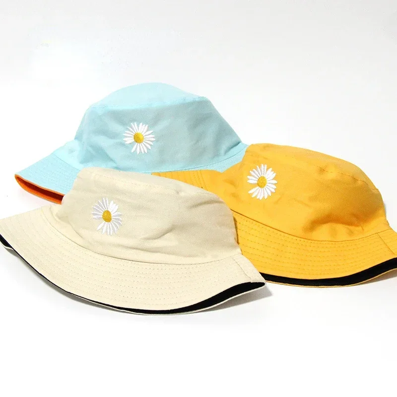 New Small Daisy Double-sided Bucket Hats for Women  Spring and Summer Sunshadesun Hat  Thin Pink Panama Cap Korean