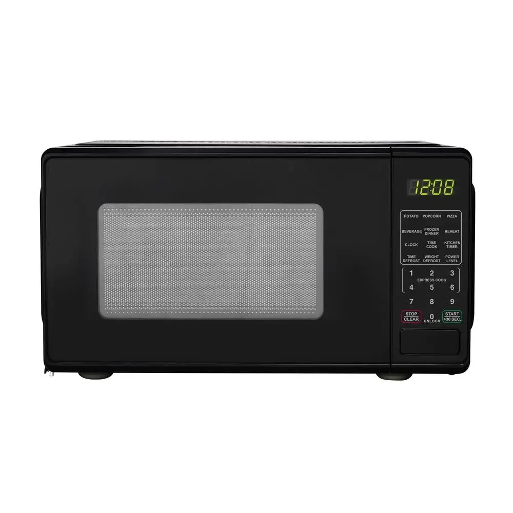 Compacto 0,7 pies cúbicos 700W Negro Encimera Horno microondas Pantalla LED Temporizador Reloj Descongelar Bloqueo seguro para niños Pulsador Puerta 10