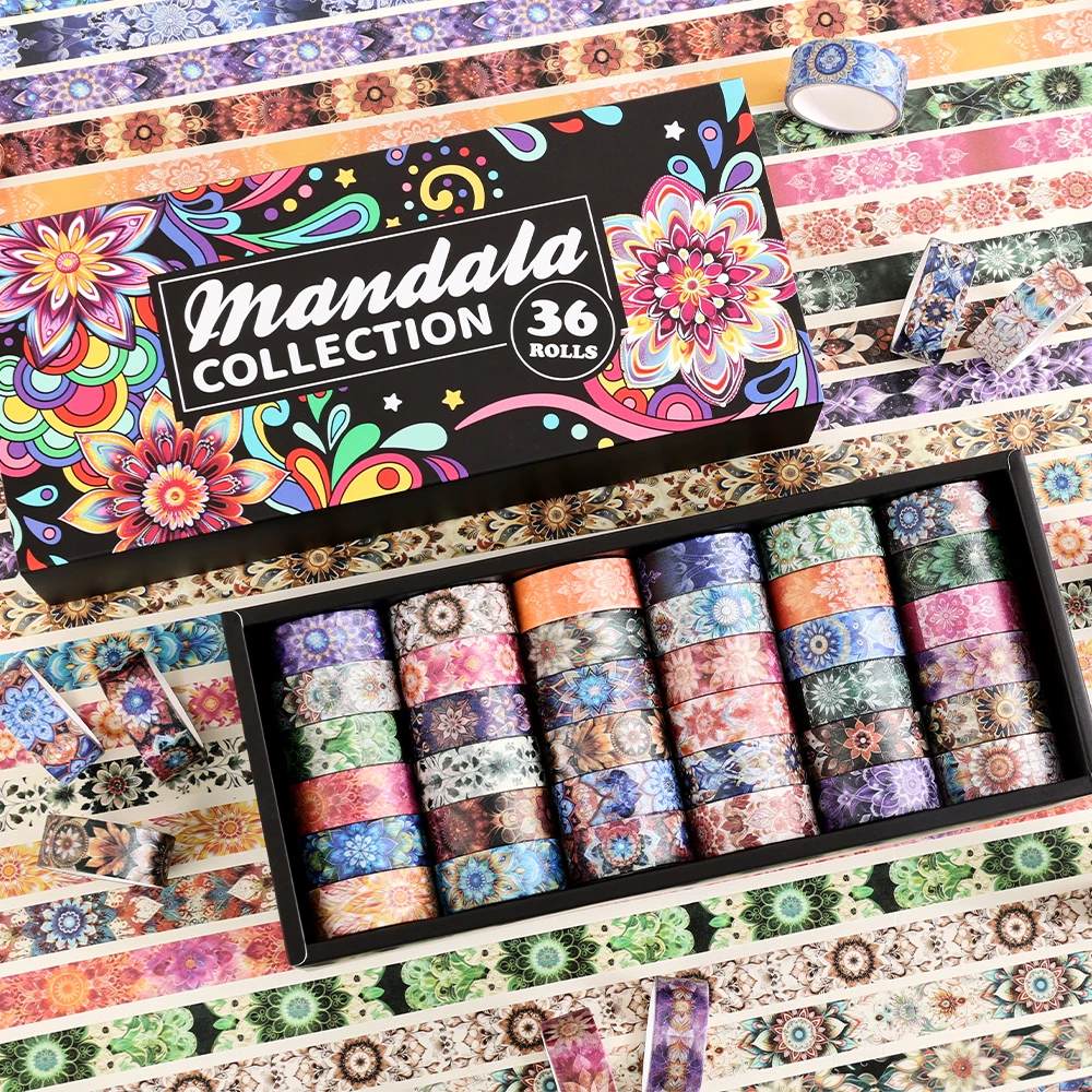 36 ロールヴィンテージマンダラ和紙テープカラフルなマンダラ花柄スクラップブッキングステッカーテープジャーナリングクラフト学校用