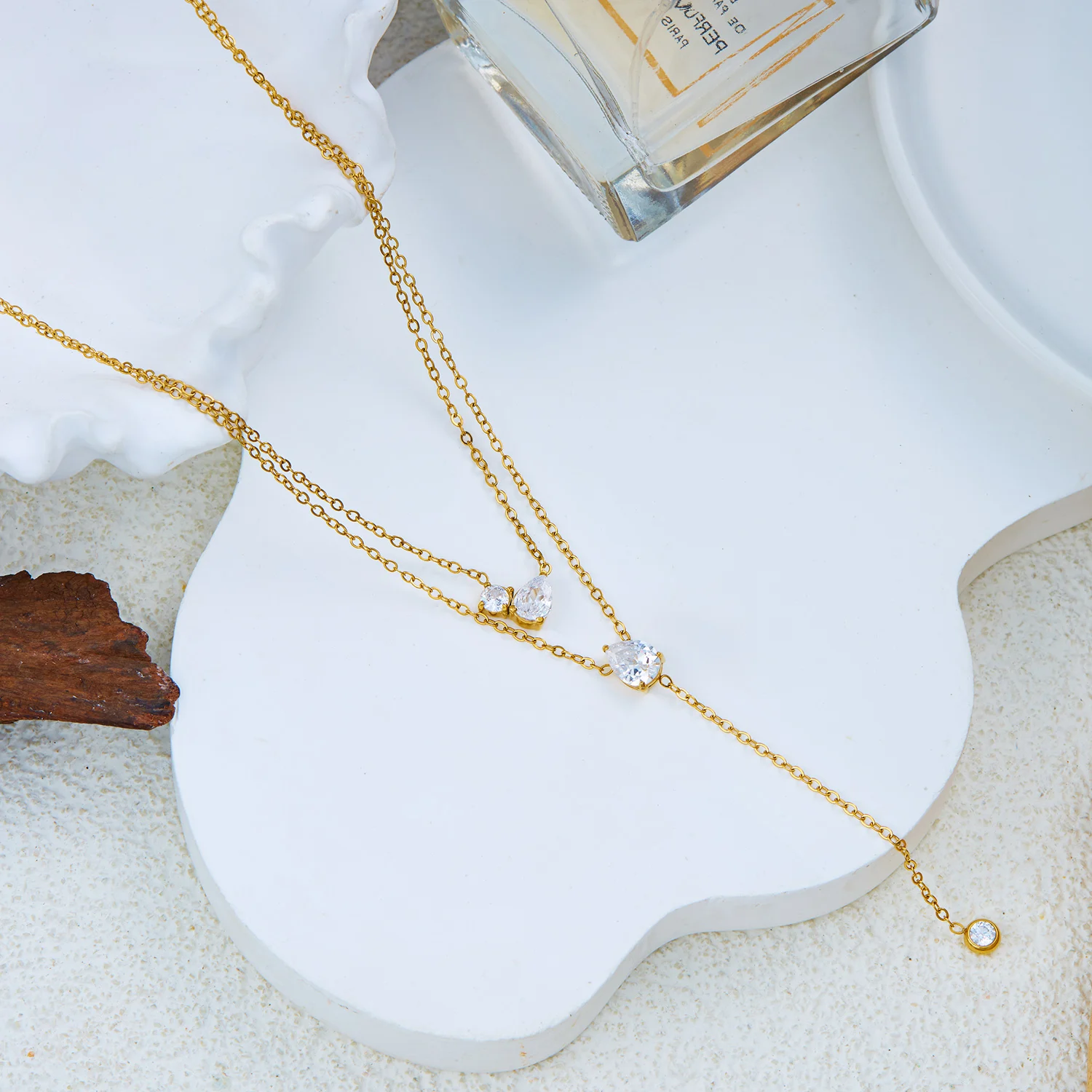 Kubisches Zirkonia Edelstahl Mehrschichtige Y-Halskette für Damen, Wasserfest, Anlaufgeschützt, Vergoldet, Doppelkette, Party-Schmuck, Geschenk – Detail 8