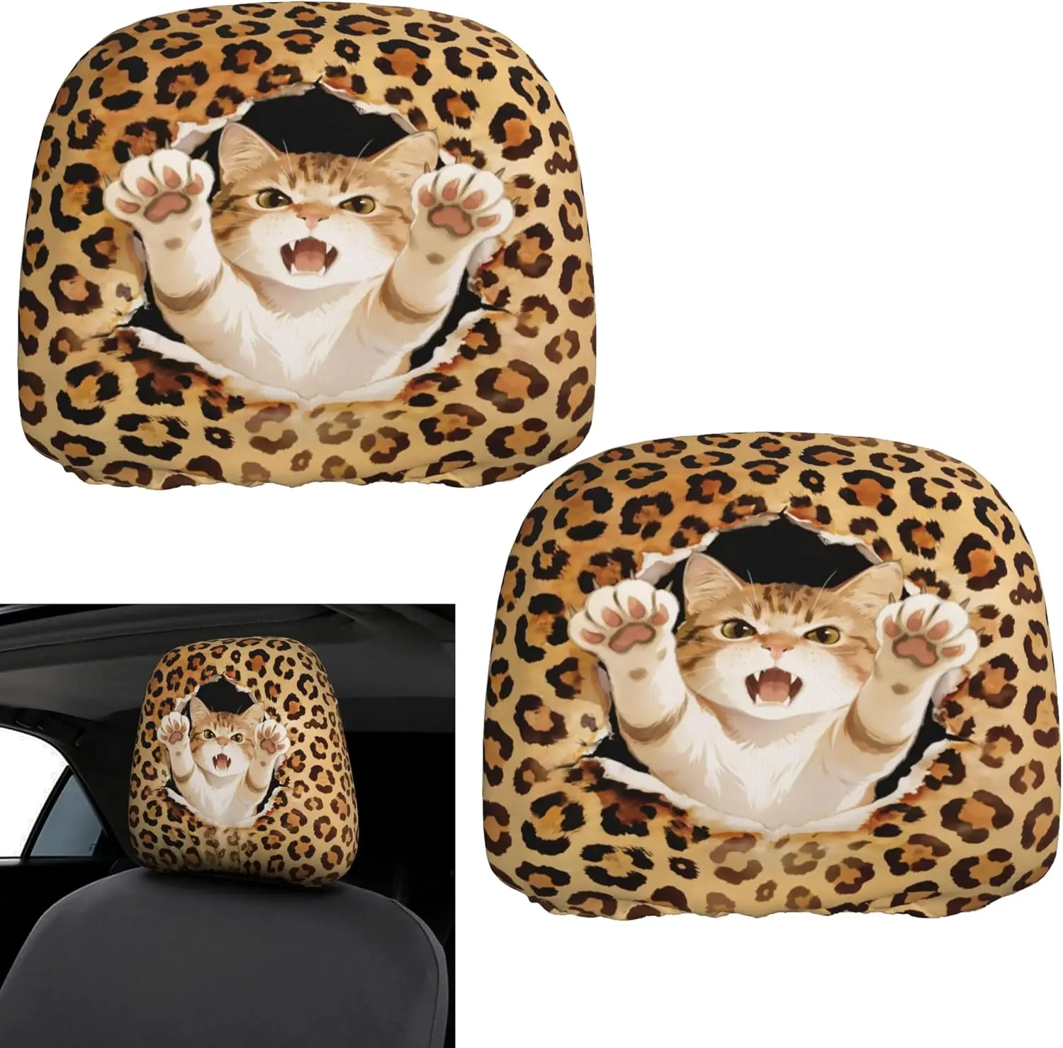 Pink Floral Kitten Print Car Headrest Covers, Easy To Remove, Car Atmosphere Headrest Covers