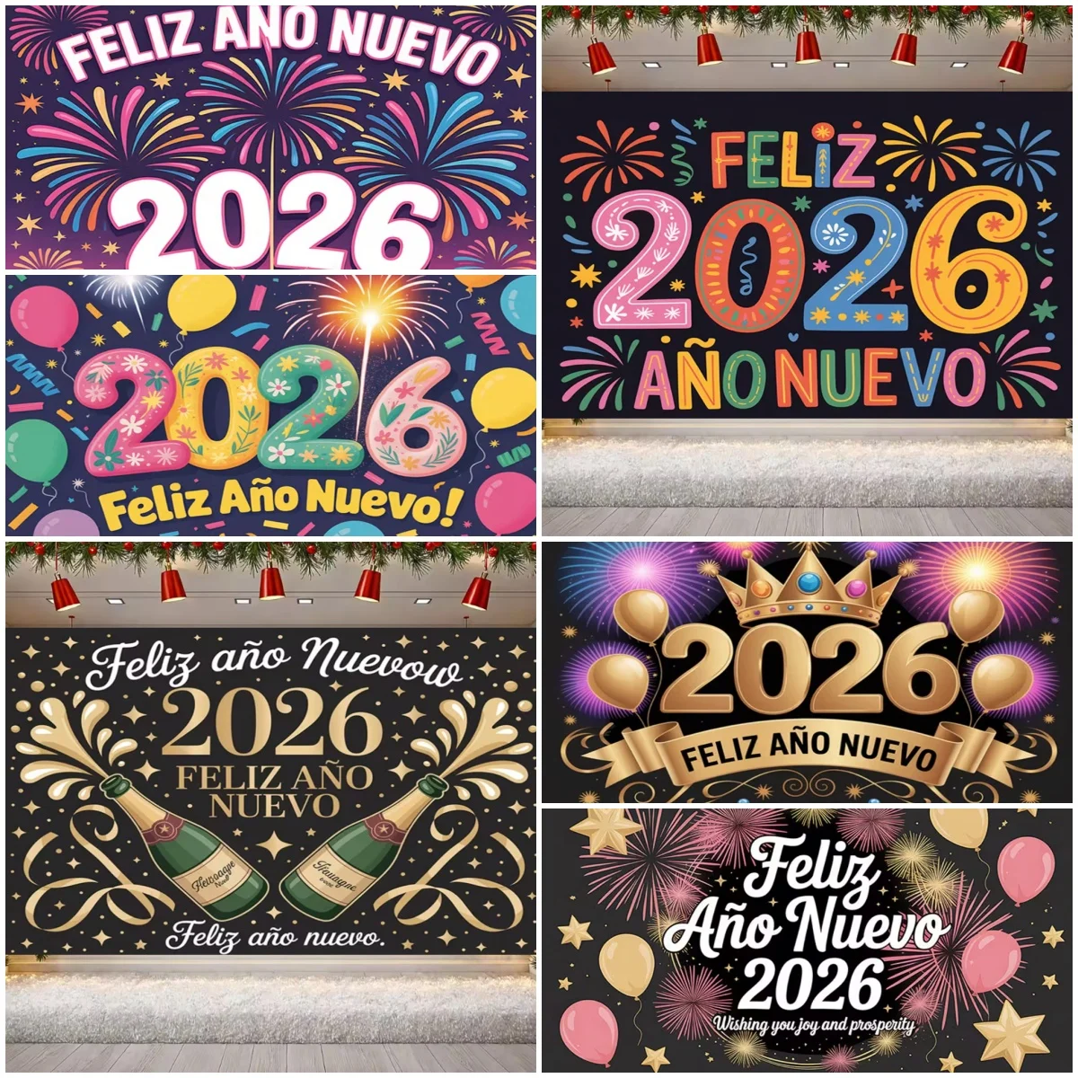 

2026 Spain Happy New Year Theme Party Decoration Backdrop Firework Kid Gift Background Black Golden Balloon Photography Supplies