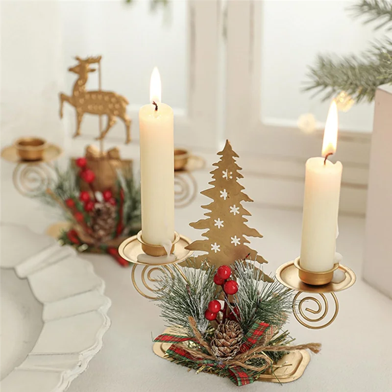 ABBN-2PCS Gold Christmas Tree Pillar Candle Holder With Berry & Pine Nut Candle Holder For Holiday Desktop Decor Metal Decor