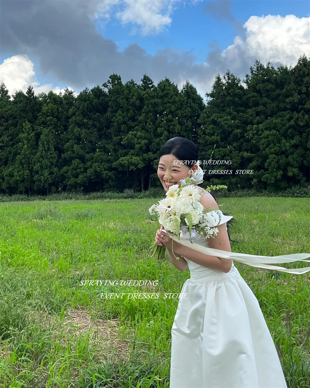 Éventuelles RAYING-Robes de mariée coréennes en satin A-ligne, robes de mariée lancées, séance photo de jardin, blanc, longueur au sol, longs patients, quel que soit le corset au dos