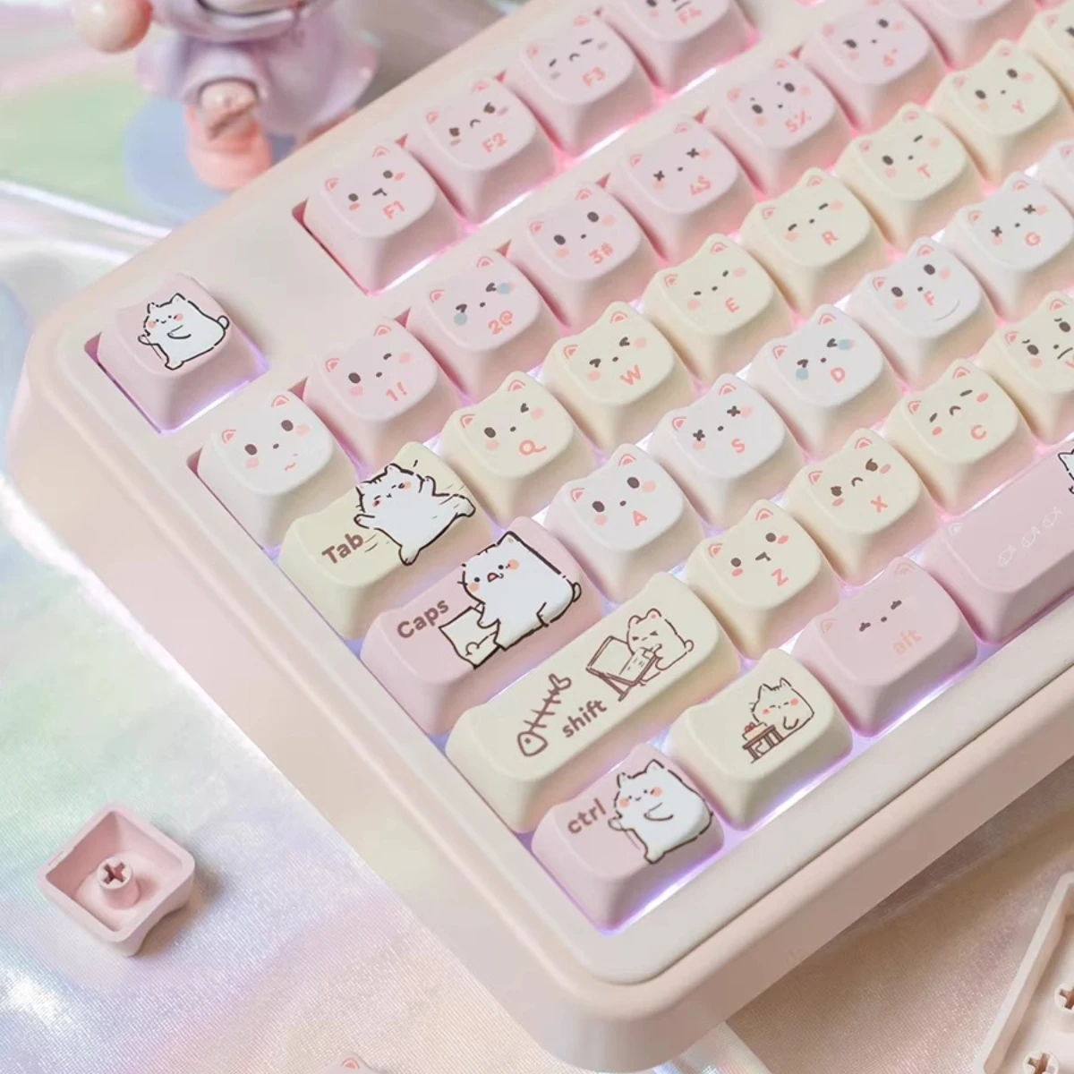 MAIMOOO Pink Cute Cat Keycaps MAO Profile PBT Sublimation Creative Meow Ears Design Custom Keycaps for DIY Mechanical Keyboard