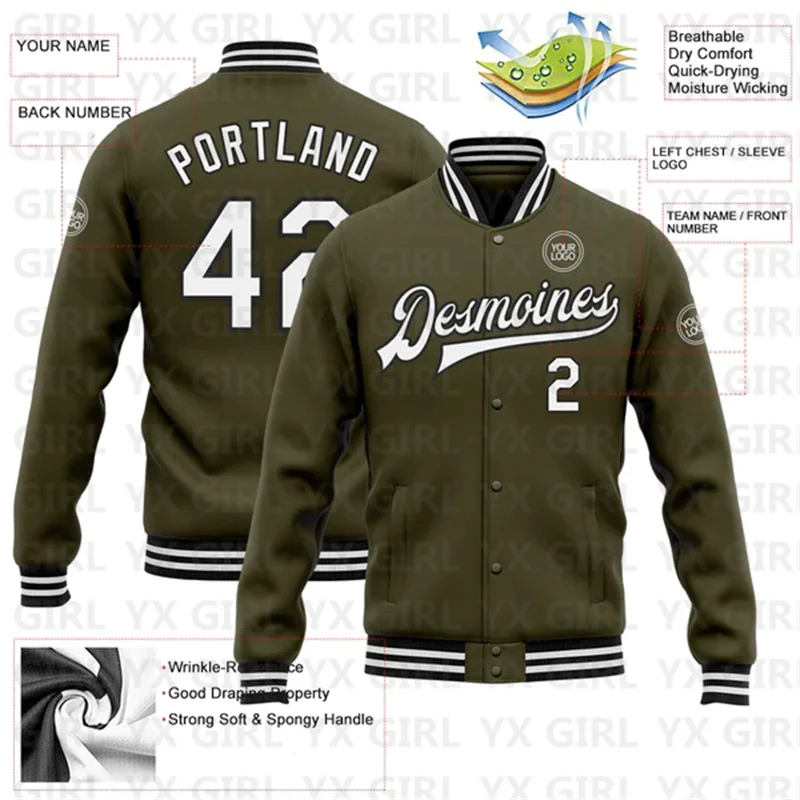 Custom Olive White-Black Bomber Full-Snap Varsity Letterman Salute To Service Jacket 3D Printed Baseball Button Jacket