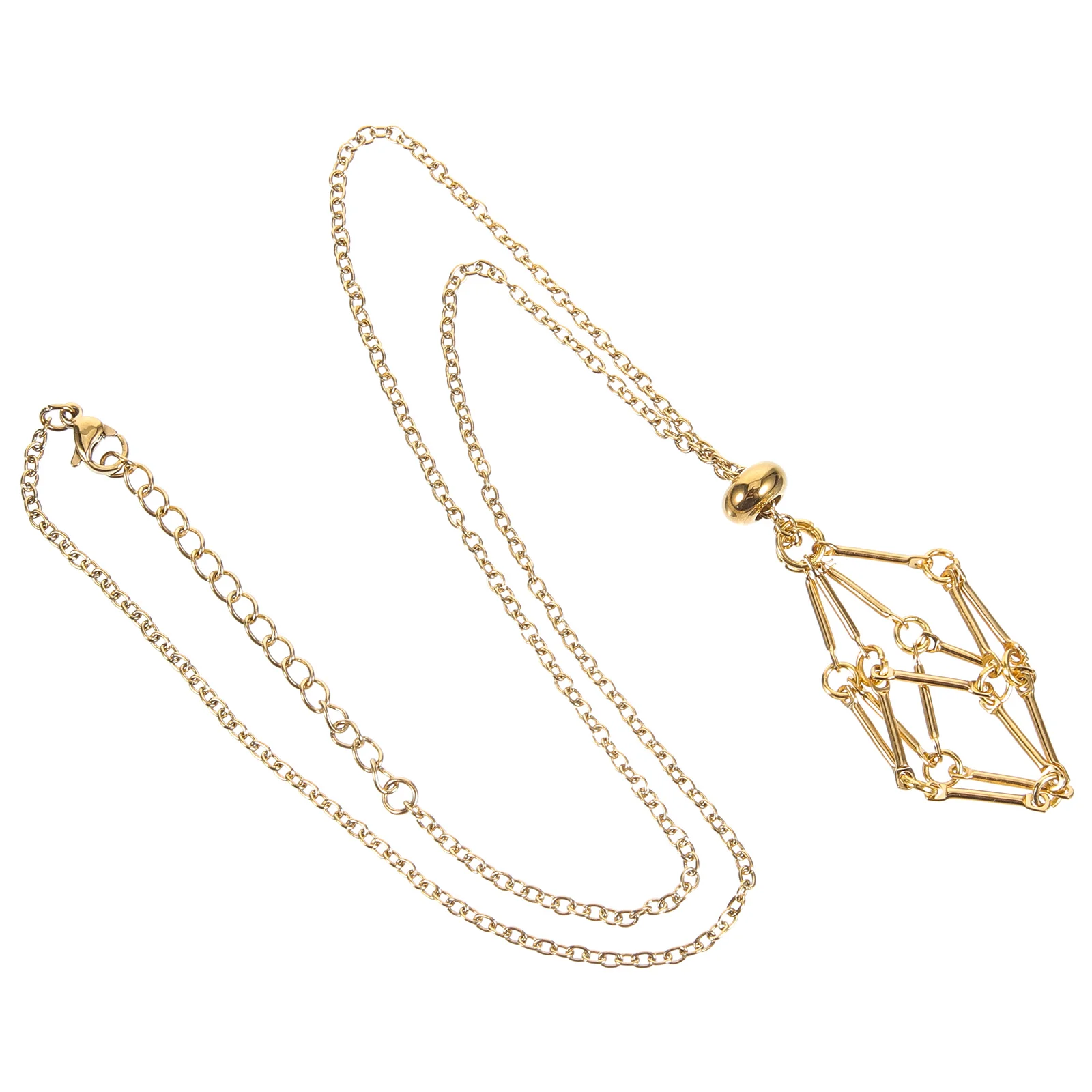 Natural Crystal Raw Stone Mesh Bag Metal Bamboo Necklace Braided Pendant Adjustable Chain Holder Macrame Gold Cord Net Cage