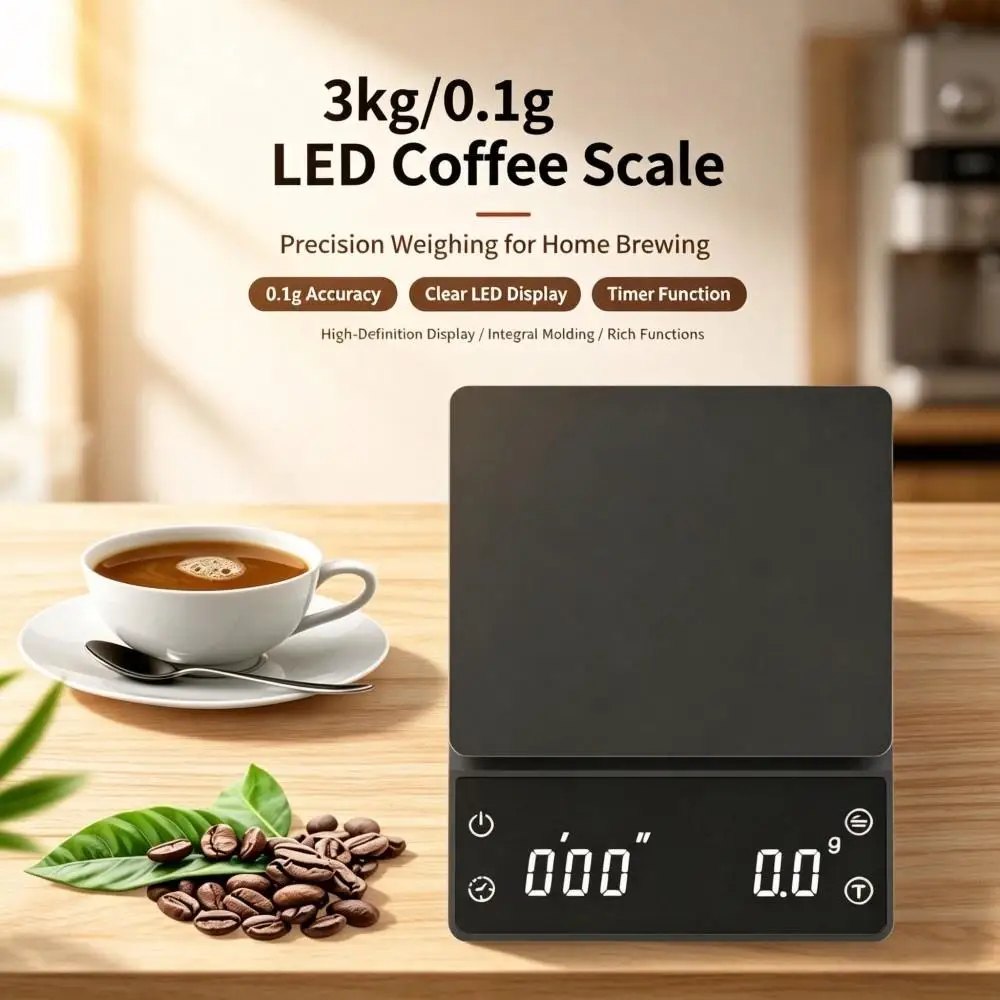 LED Display Coffee Scale, 3000g‑0.1g High‑Accuracy Digital Kitchen Scale, Multifunctional Electronic Weigh Scale for Home Bakery