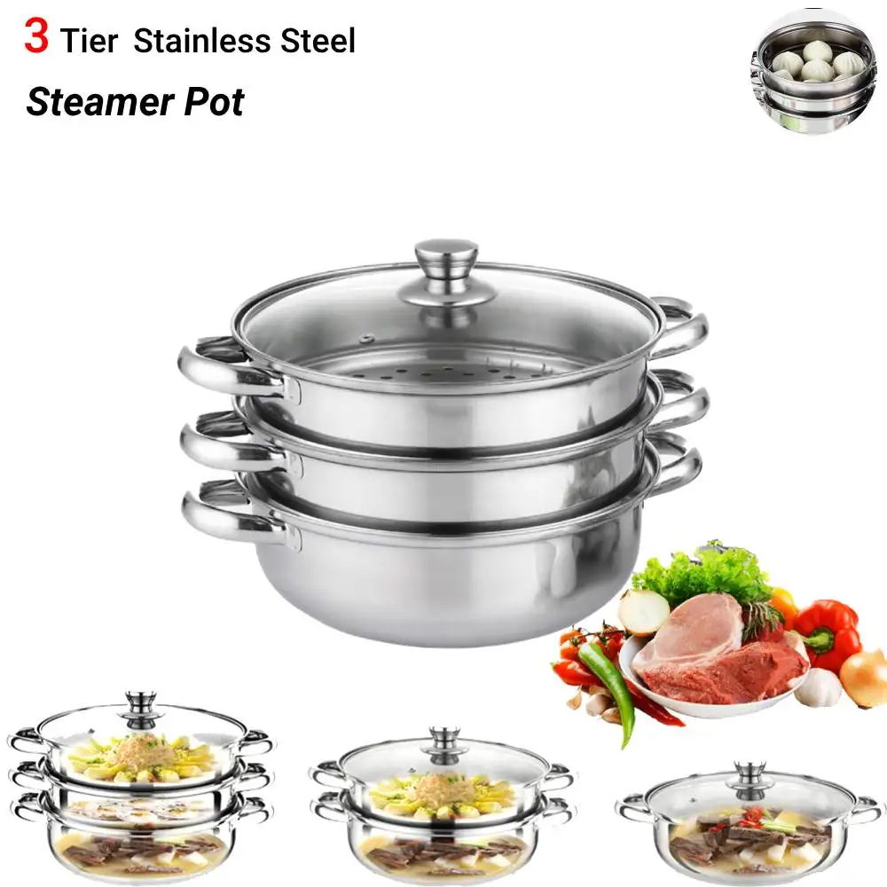 3 Tiers Steamer Pot with Lid Stainless Steel Cooking Pots Cookware Portable Steam Garer Boiler Kitchen Soup Pots Cooker for Home