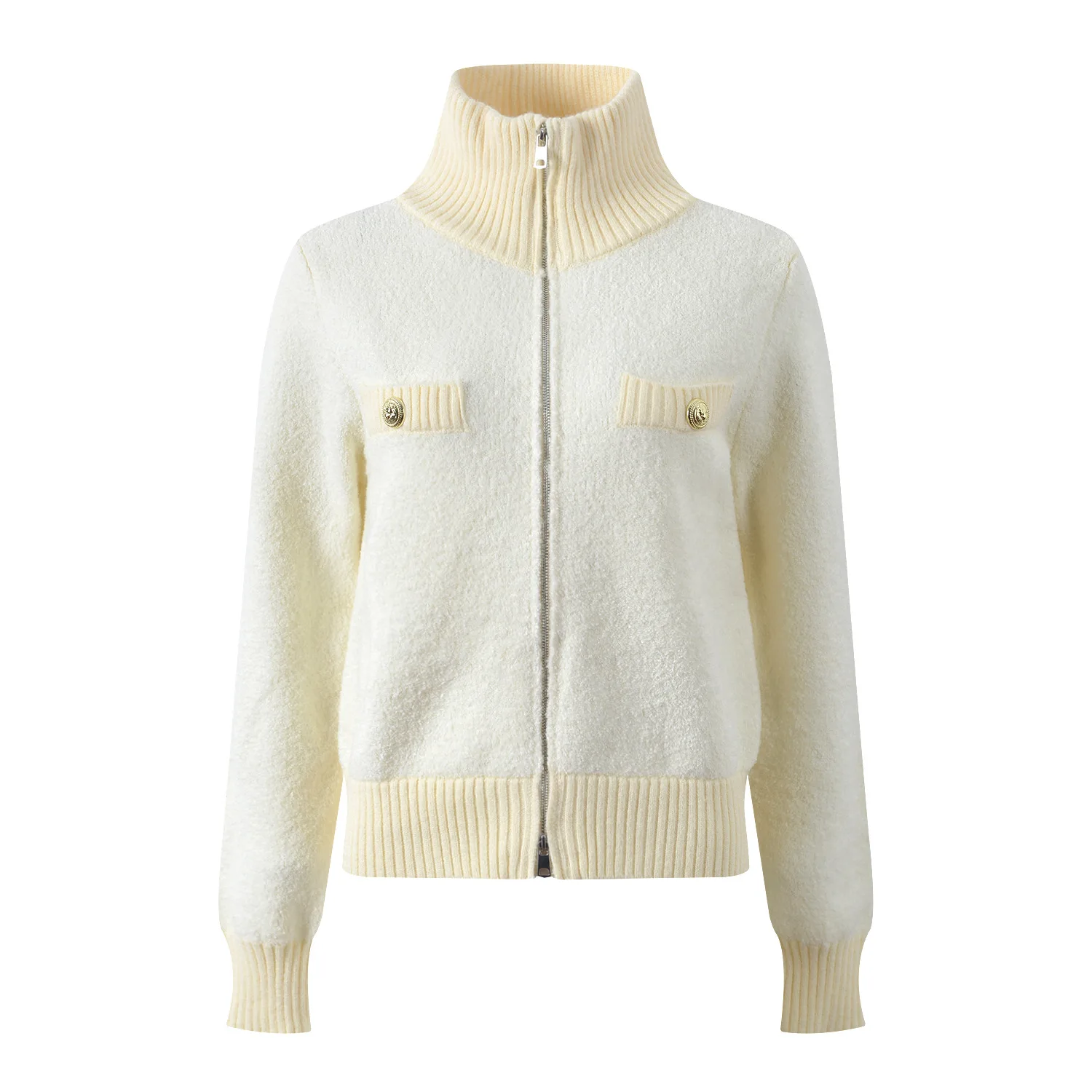 เสื้อคาร์ดิแกนถักไหมพรมคอสูงแบบมีซิปคู่ ให้ความอบอุ่น สวมใส่สบาย เหมาะสำหรับฤดูใบไม้ร่วงและฤดูหนาว แฟชั่นสำหรับผู้หญิง คุณภาพพรีเมียม