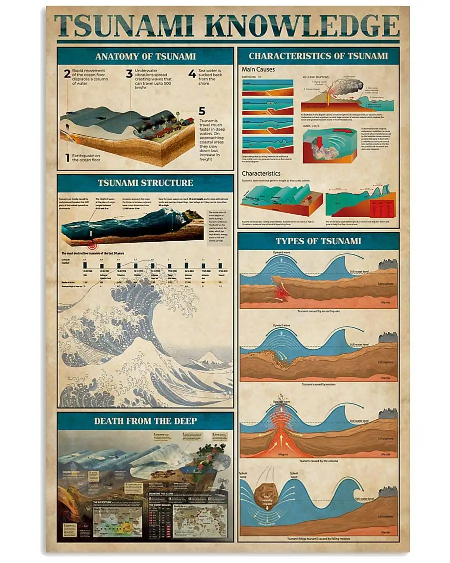 Tsunami Knowledge Metal Signs Classroom Wall Decor Tsunami Science Infographic Tin Posters Home Room School Plaque Decorati sign