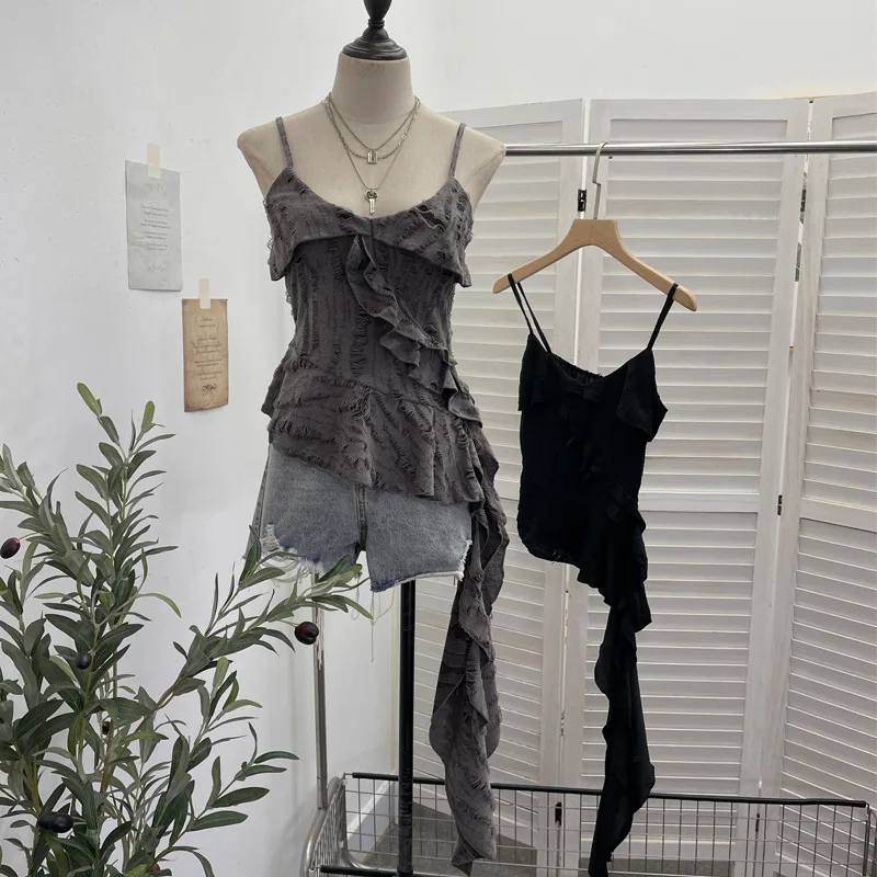 High-quality Hot-selling Wholesale Irregular-cut Camisole Vest Women New Style Sexy Ruffled Hem Ripped Ribbon Short Top Gothic