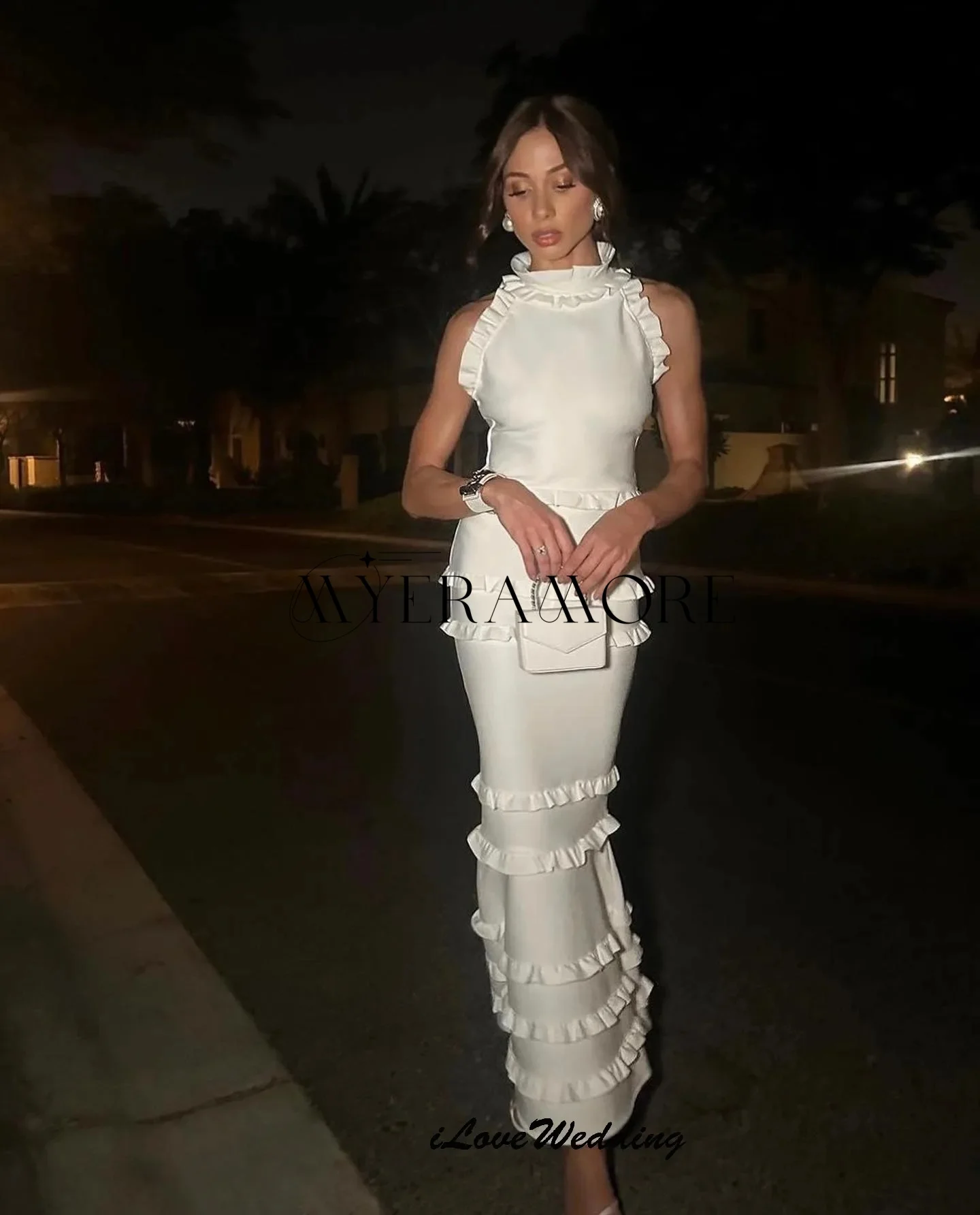 Vestido de noche Sexy con cuello Halter, sirena, sin mangas, con volantes escalonados, hasta el tobillo, vestido de fiesta para graduación, personalizado