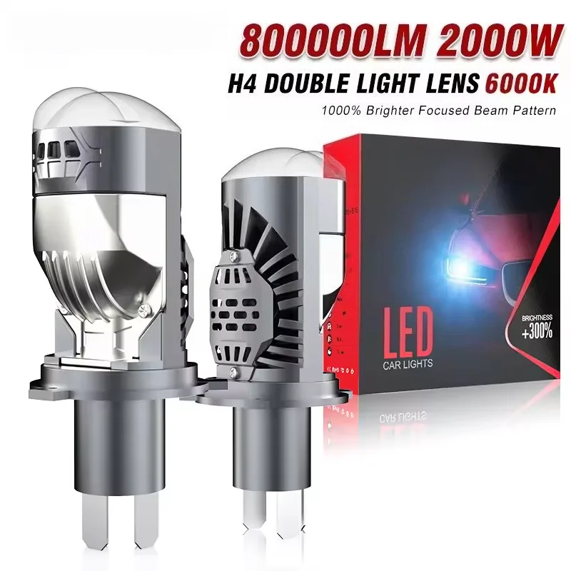 

2 шт. светодиодные лампы H4 с проекционной линзой для автомобильных фар, 80000 лм, 800 Вт, CANBUS, турбо-лампы H4, ближний/дальний свет, 6000K, белый свет, противотуманные фары, 12В/24В