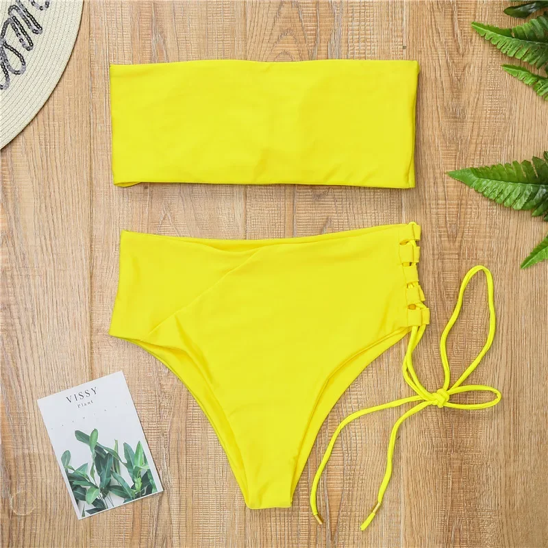 Sexy Bikini 2025 White Bathing Suit High Waist Swimsuit Solid Beachwear Adjust Bottom Swimwear Women Hot Bandeau Pads