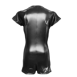 Men's Wet Look Patent Leather Pouch Zip-up Short Jumpsuit Tight Fitting Sexy Bodysuit Sensual Clubwear Leotard Male Nightwear