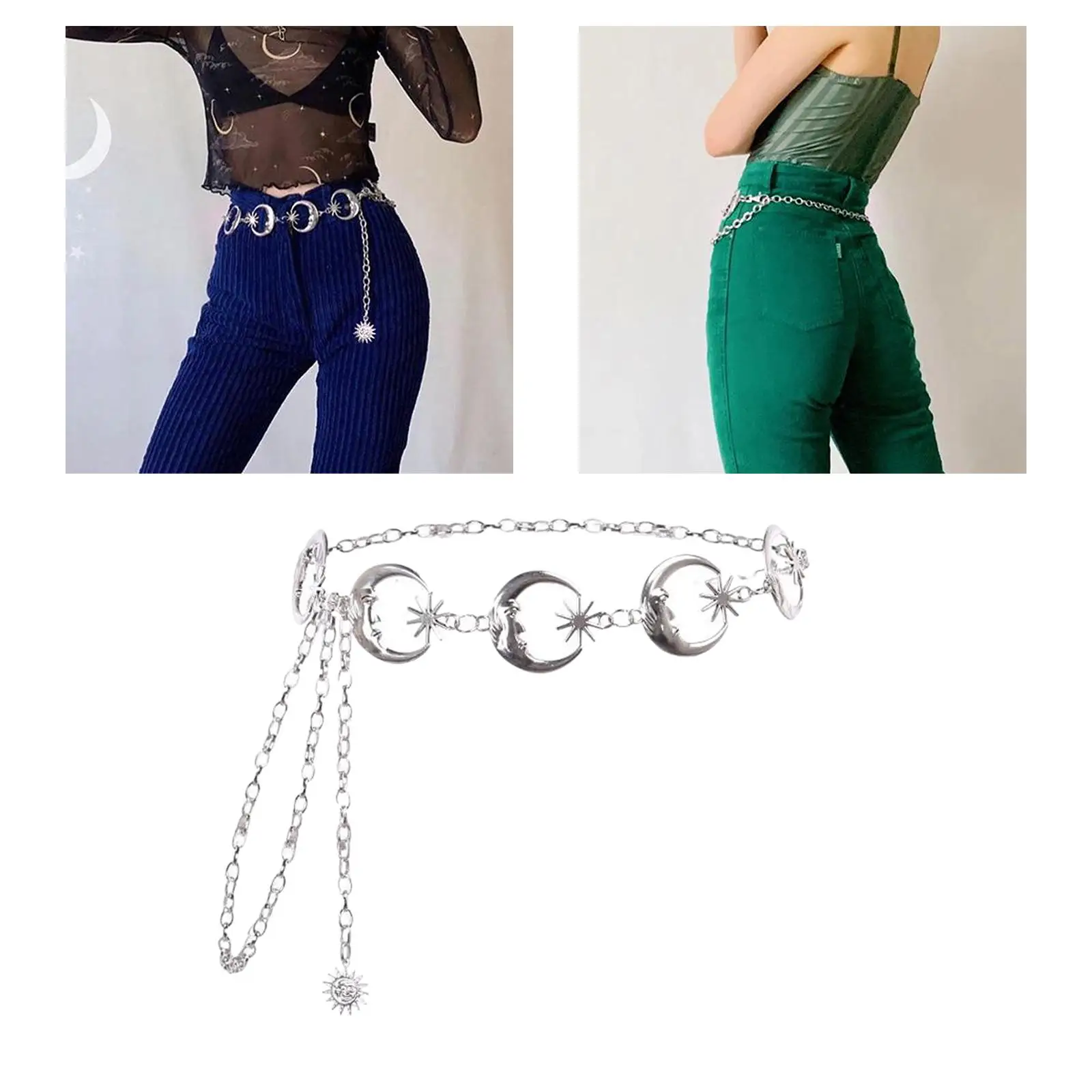 Punk Women Waist Belt Gothic Chain with Silver Pendant Belts for Ladies Rave Party Fashion Accessories Adjustable