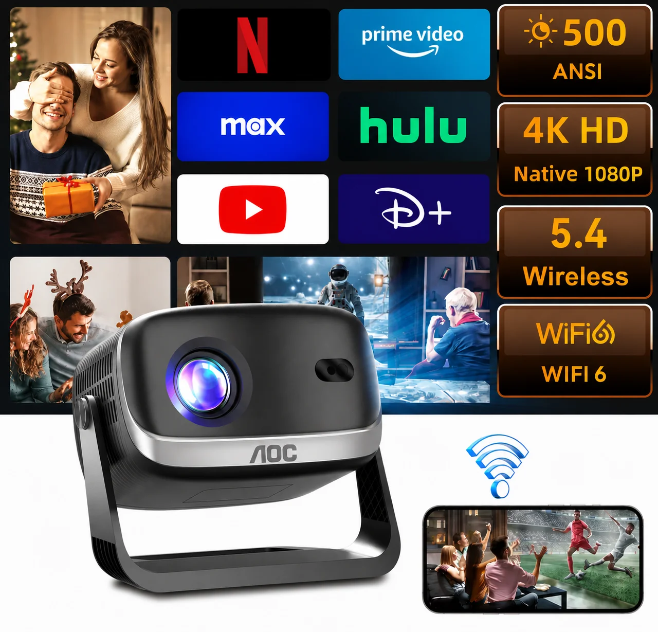 Proyector Inteligente AOC RC6 Compatible con 4K, Resolución Nativa de 720P, Android, WiFi 6, Bluetooth 5.4, Enfoque Automático, Cine en Casa, Proyector Portátil