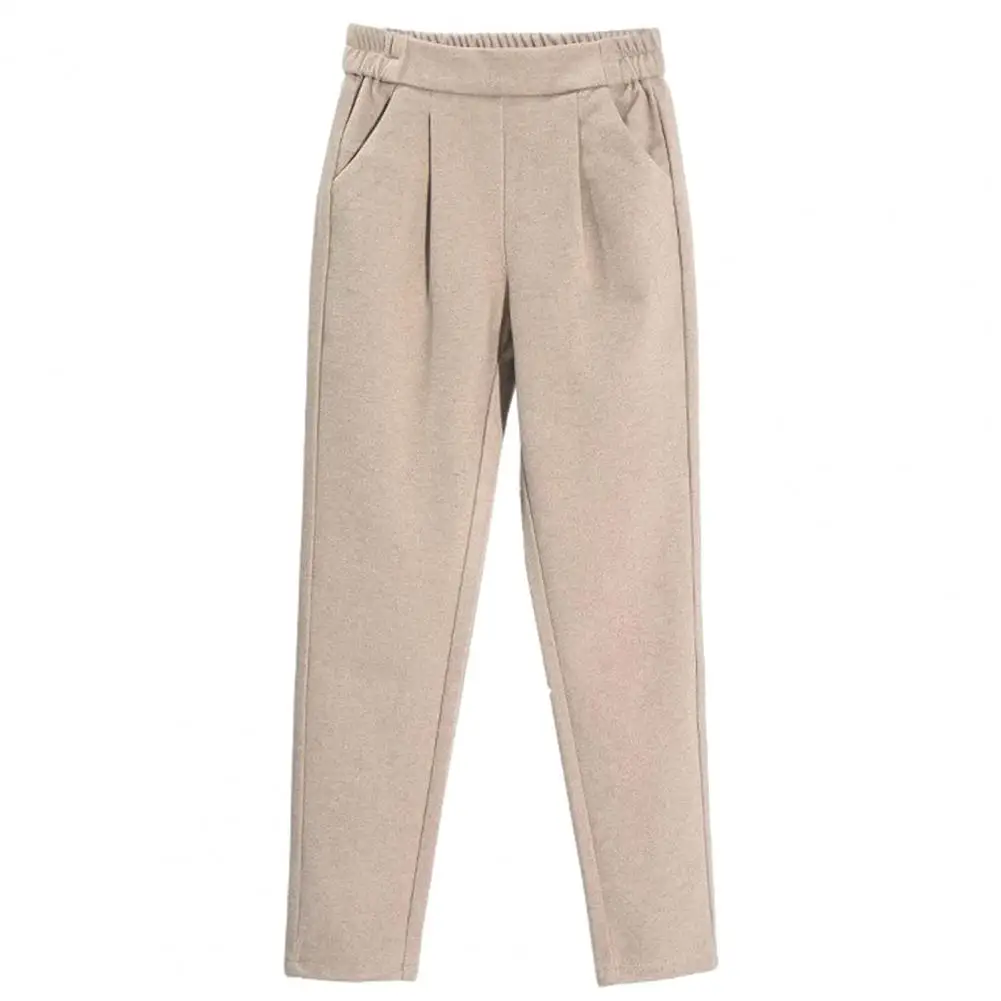 Elastic Waist Pants Casual Woolen Trousers Elastic High Waist Women's Woolen Harem Pants Solid Color Office Travel Trousers