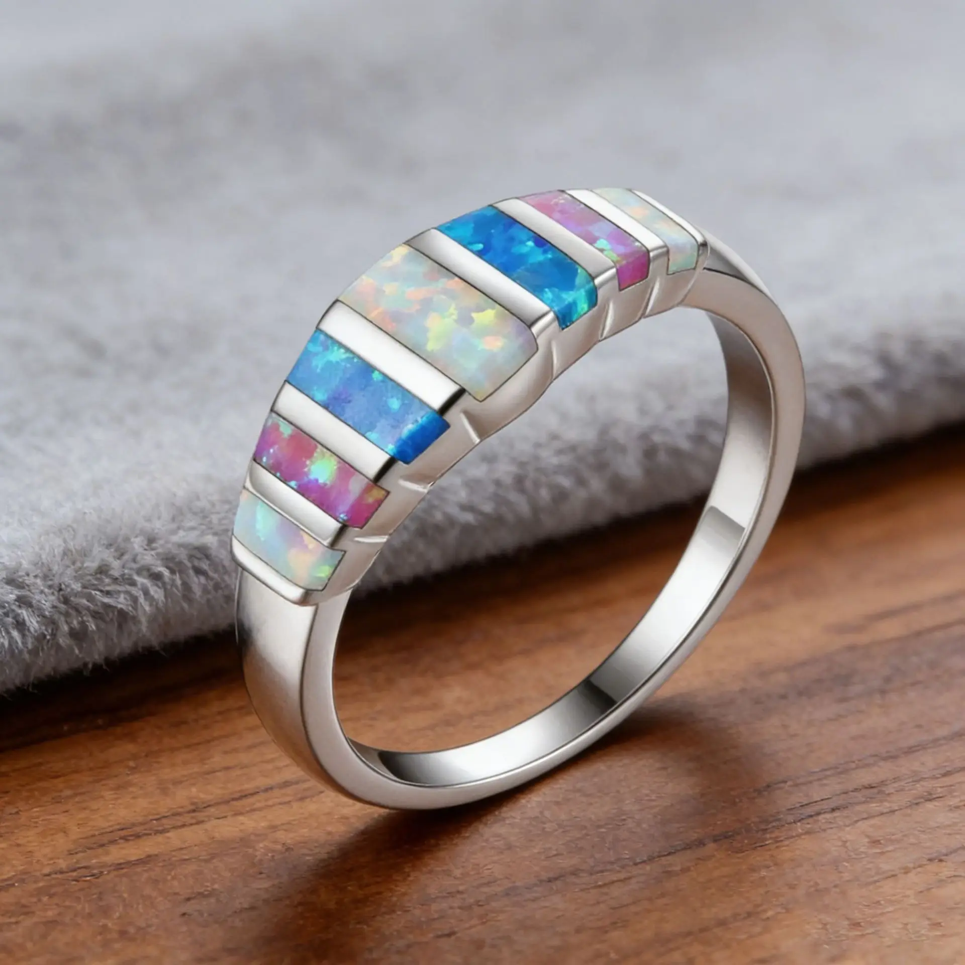 Hot Selling Rainbow White, Blue, Pink Color Blocked Australian Treasure Rings, Women's Wedding Ring Accessories Gift