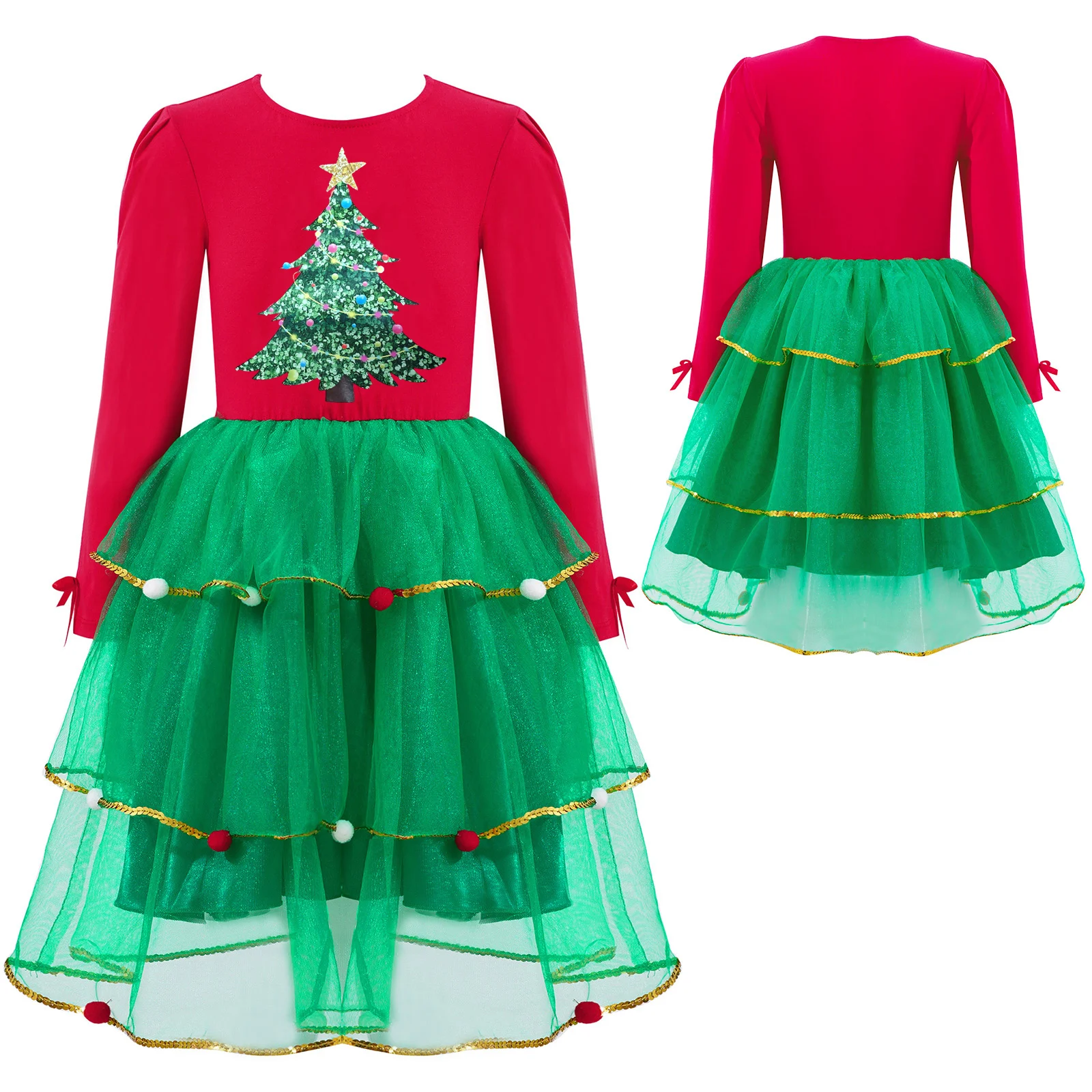 

Christmas Girls Dress 2022 Winter Kids Princess Dresses For Girls Xmas Clothes Long Sleeves Printed Pompoms Adorned Mesh Dress