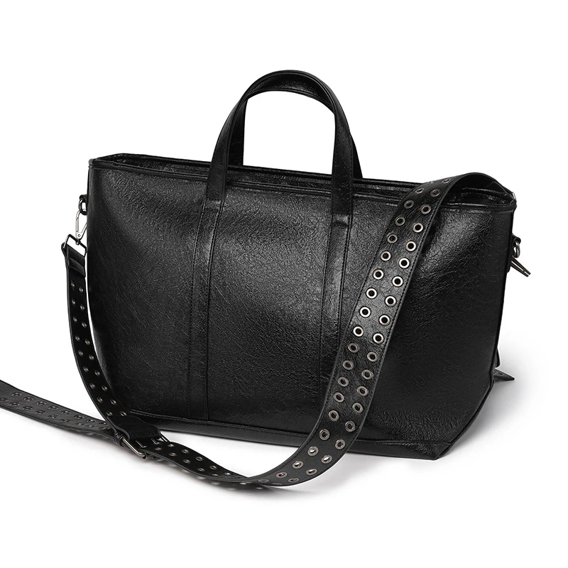 Vintage Distressed Tote Bag mit Kreuznieten, Große Unisex Umhängetasche, Reißverschluss-Handtasche aus Cracked PU für Damen – Detail 18