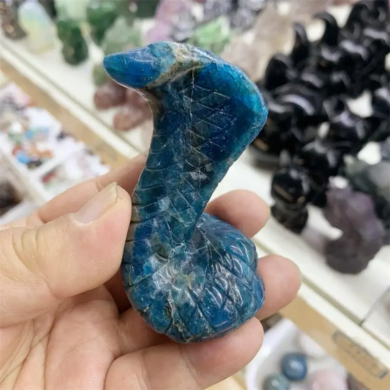 Natural Blue Apatite Snake Hand Carved Crystal Animal Figurine Fashion Gift Home Decoration Accessories 1PCS