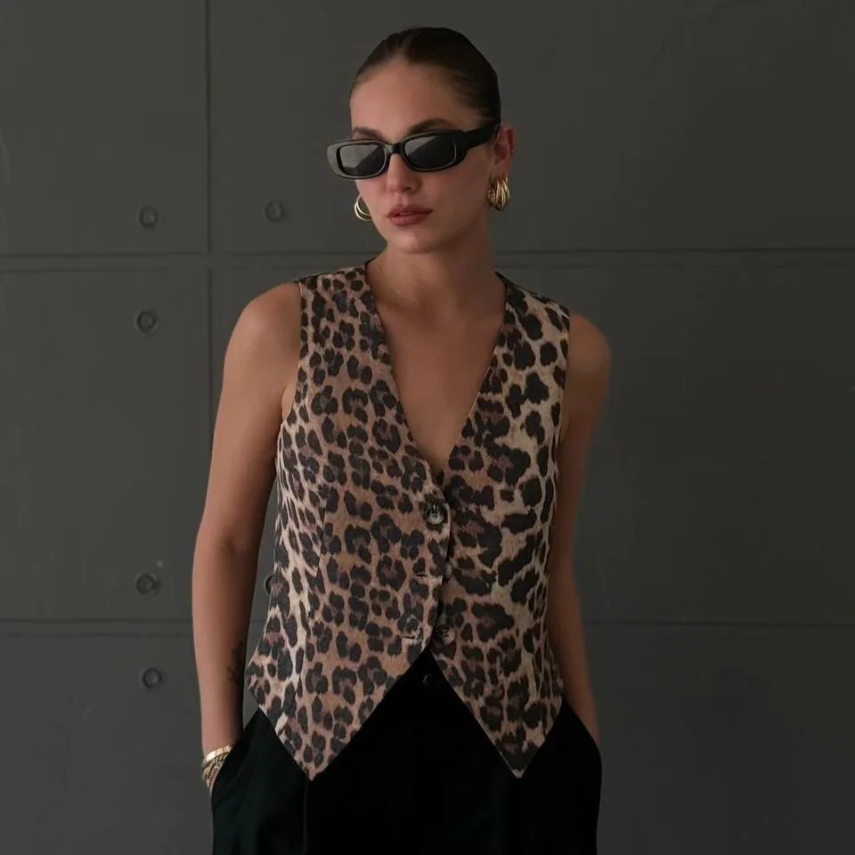 Women's Vest 2025 Fashion Leopard Summer V-Neck Single-breasted Vest Top Ladies Casual Cropped Sleeveless Coat New In Vests