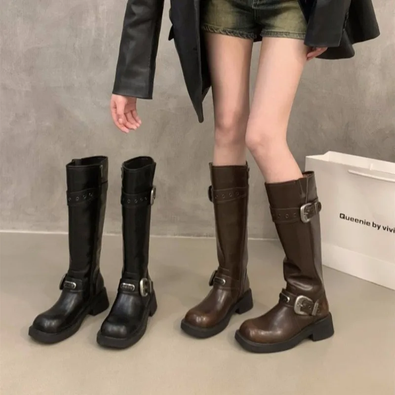 

New Fashion High Quality Ladies Shoes Side Zipper Women's Boots Fashion Belt Buckle Modern Boots Women Round Toe Knee-High Boots