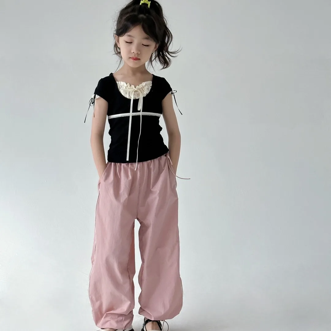 

Korean Summer Children Girl 2PCS Clothes Set Teenager Girl Lace Splicing Short Style T-shirt+Sport Pants Casual Set For Children