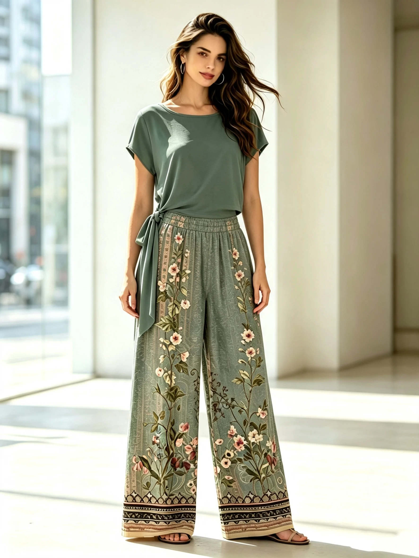 Retro Track Pant - ダークグリーンのプラスサイズレディーススーツ、ライトマチュアスタイルの半袖トップスとレトロな花柄ワイドレッグパンツのツーピースセット