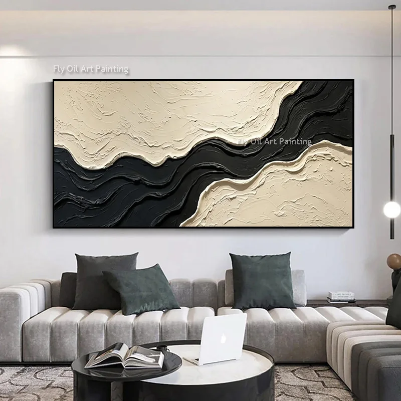 Thick‑Relief Curved Wave Decor, Original Impasto Hand‑Painted Artwork, Monochrome Neutral Abstract Home Wall Canvas