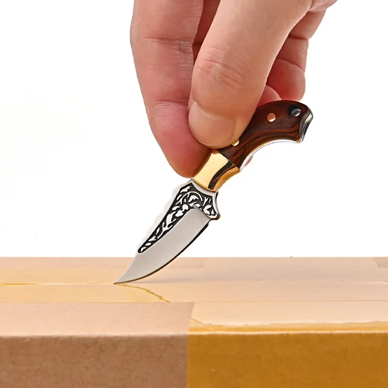 Brass Color Wood Small Straight Knife Portable Sharp Self-defense Fruit Knife Keychain Pendant Unpacking Express Unboxing Knife