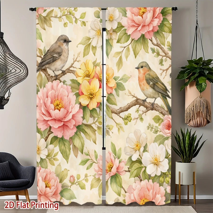 2PCS Digital Printed Curtains with Sparrow Peony Design, Stylish Window Drapes for Living Room Bedroom Home Decoration