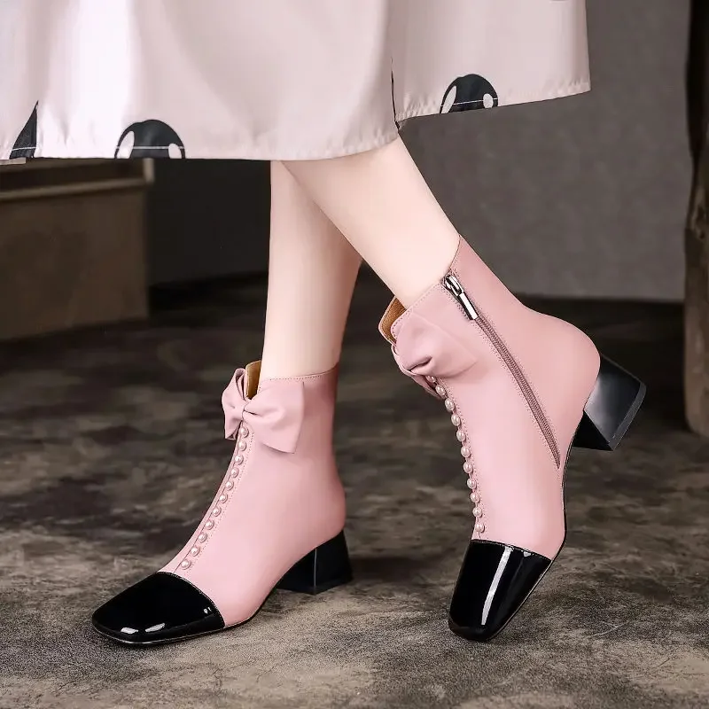 

ZHUOFU College Chic Ankle Boots for Girls Luxury String Bead Sheepskin Women's Autumn Sweet Bow Pink Square Heels Boots
