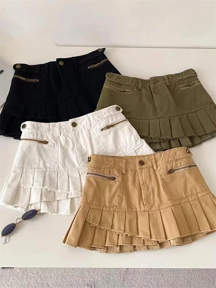 

Streetwear Pleated Women Skirt Hot Girl Zipper Design Korean Style Slim Versatile Summer Y2K Vintage Mini Cargo Skirts