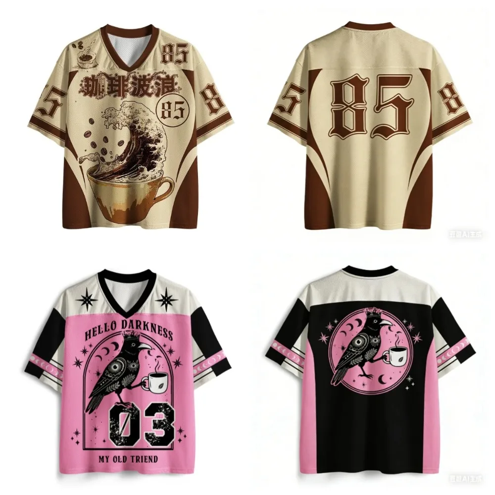 Japanese-style Funny Crows / Coffee 3DPrint Quick-dry Sports MenWomen Vneck LooseTshirt Fashionable Street Y2K Parental Clothing