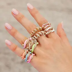 Size 6 7 8 Gold Color Micro Pave CZ Neon Enamel Cute Lovely Knot Fashion Colorful Women Finger Rings