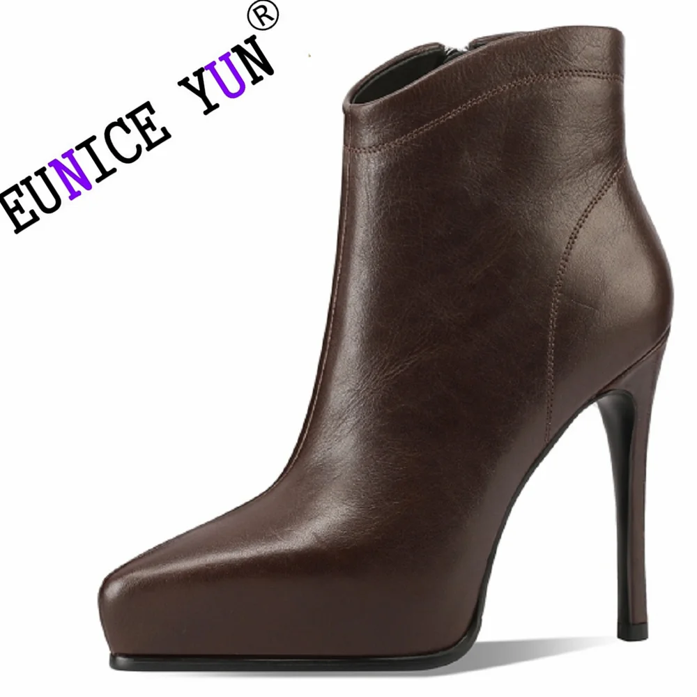 

【EUNICE YUN】Women Ankle Boots Platform Genuine Leather High Heels Pointed Toe Side Zip Up Boots Handmade Shoes 33-41