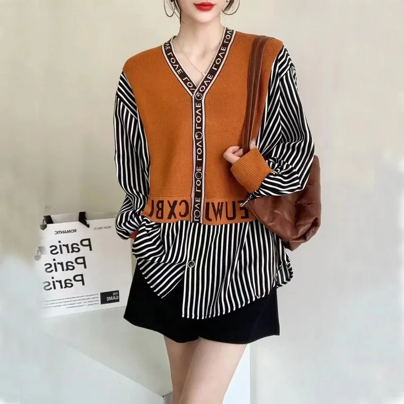 Women Fashionable Loose Fake Two-piece Top Explosive Street Spring Autumn New V-neck Cardigan With Slim And Age Reducing Shirt