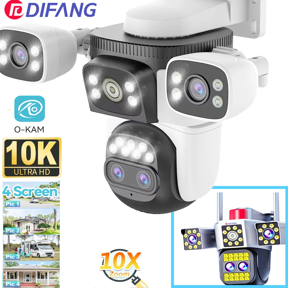 

Home Surveillance Camera 360° 10K WiFi Camera Four Lens Four Screen 10X Zoom Smart Home New CCTV IP Security Camera 20MP