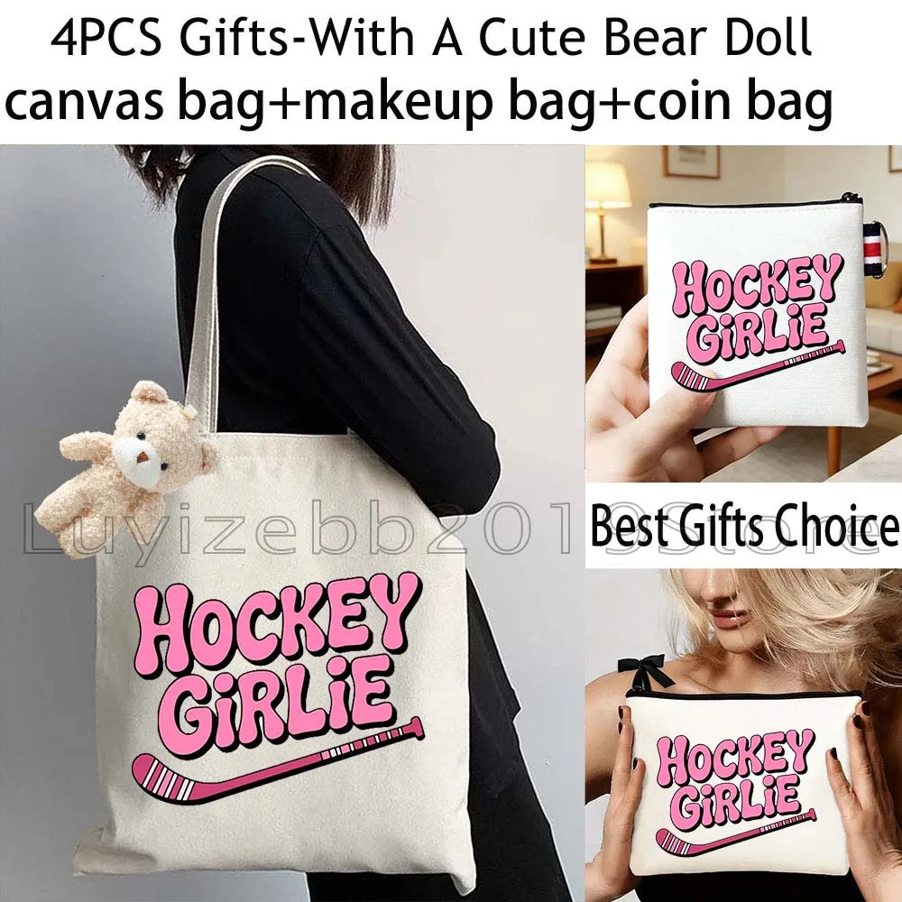 4PCS Ice Hockey Girl Hockey Player Lover Gifts Canvas Tote Bag Cotton Handbag,Cosmetic Makeup Bag,Coin Purse Wallet Zipper Pouch